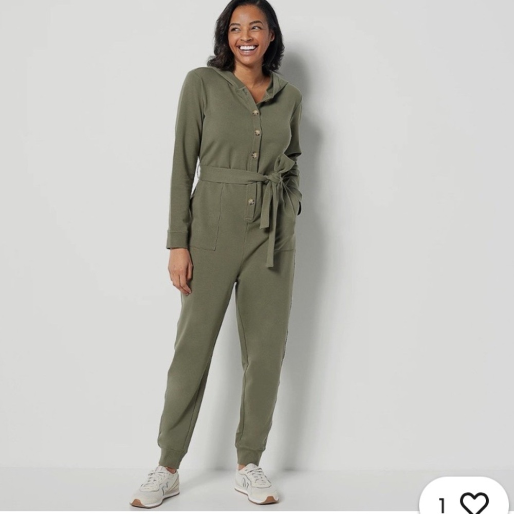 Encore By Idina Menzel Soft French Terry Hooded Jumpsuit BELT NOT INCLUDED